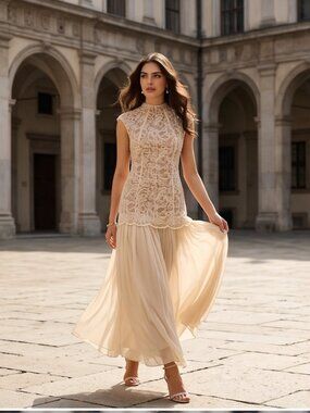 Cream Embriodered Sleeveless Mock Neck Gown with Chiffon Skirt